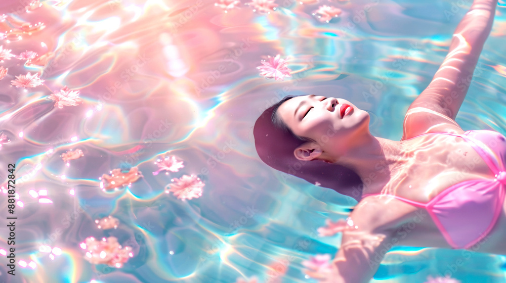 Naklejka premium Serene woman in pink bikini floats peacefully in colorful, shimmering water. surrounded by floating pink flowers, image conveys tranquility and dreamlike beauty.