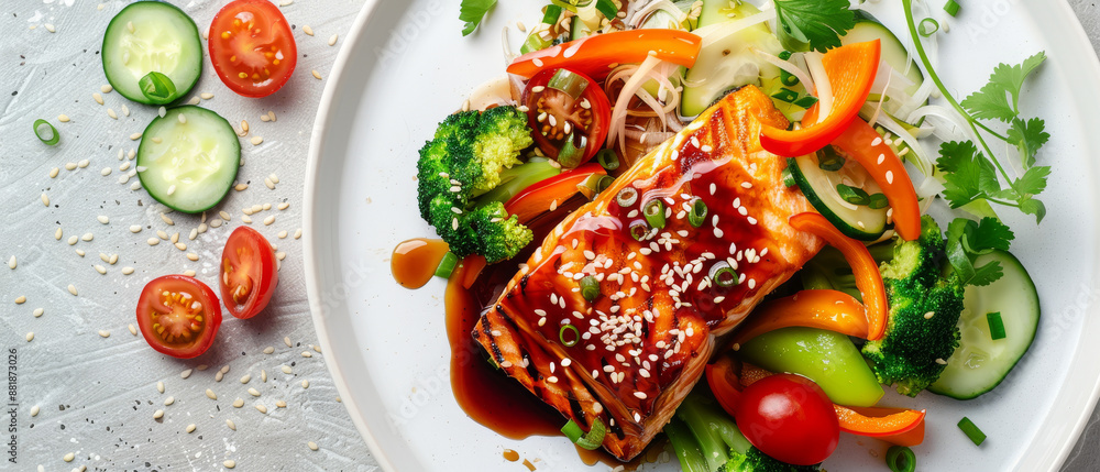 A vibrant, healthy plate of salmon with colorful vegetables, elegantly presented, highlighting fresh, nutritious dining. A vibrant, healthy plate of salmon with colorful vegetables, elegantly presented, highlighting fresh, nutritious dining.