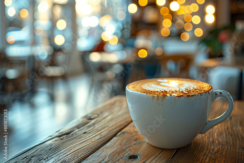 Close-up of a Cappuccino in a cafe setting, perfect foam art on top, warm and inviting ambiance photo