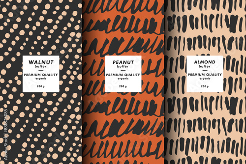 Vector illustration set of templates contemporary abstract cover and patterns for nuts butter packaging with labels. Minimal modern backgrounds