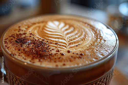 Close-up of a Cappuccino in a cafe setting, perfect foam art on top, warm and inviting ambiance photo