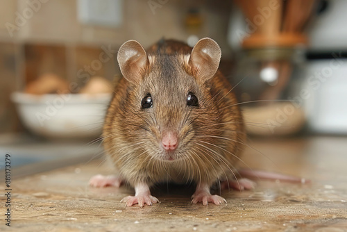 Close-up of a curious brown rat in a kitchen setting.