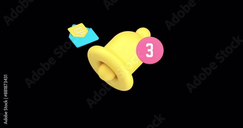 Ring bell incoming notification with number for online chat message 3d icon animation with alpha channel