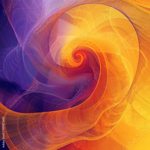 An abstract yellow and violet background with a swirl of orange circles, wavy lines and organic shapes photo