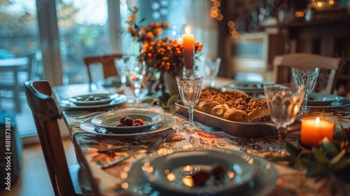 Wallpaper Mural Cozy, warmly lit dining table set for a festive dinner with elegant glassware, seasonal flowers, and candles creating an inviting atmosphere. Torontodigital.ca