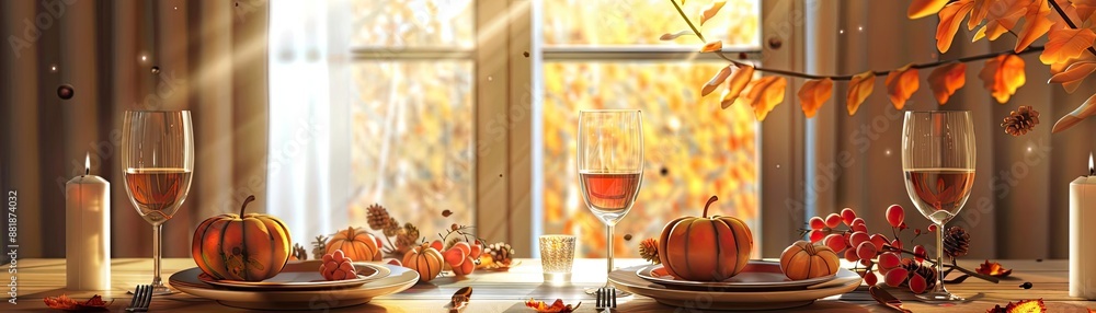 Cozy autumn table setting with pumpkins, candles, and wine glasses near window with warm sunlight and fall leaves. Cozy autumn table setting with pumpkins, candles, and wine glasses near window with warm sunlight and fall leaves.