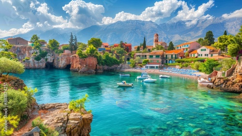 Fototapeta Naklejka Na Ścianę i Meble -  Picturesque Coastal Town with Terracotta Roofs, Azure Water, and Dramatic Cliffs on a Sunny Day