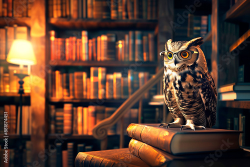 Wallpaper Mural A wise owl sits in front of an open thick book against a backdrop of bookshelves. Learning Concept. Copy space Torontodigital.ca