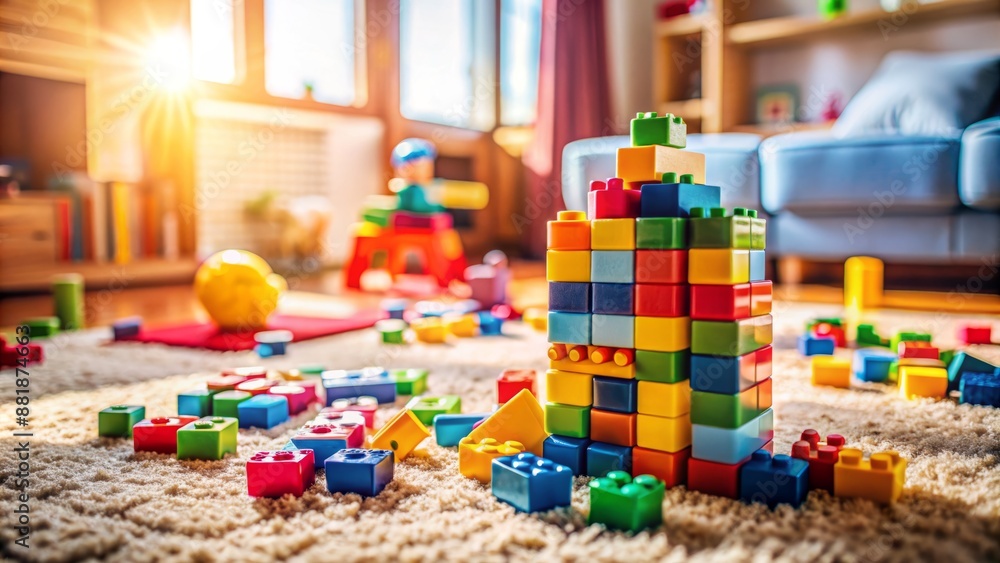 Colorful building blocks scattered on a bright rug, with a few stacked up, evidence of a young child's creative playtime and imagination, warm lighting and soft focus. Colorful building blocks scattered on a bright rug, with a few stacked up, evidence of a young child's creative playtime and imagination, warm lighting and soft focus.