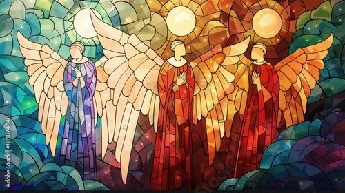Biblical Illustration of Stained Glass Depicting Ascension Christian Glory and Triumph Beige Background and Copyspace