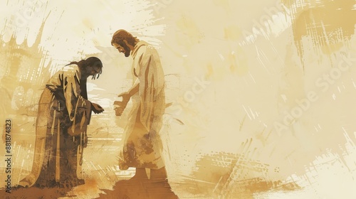 Biblical Illustration of Jesus Healing the Leper Watercolor Style Faith and Mercy Beige Background copyspace