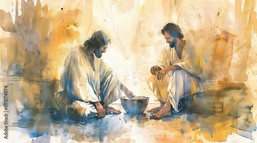 Biblical Illustration of Jesus Washing Disciples' Feet Watercolor Style Faith and Humility Beige Background copyspace