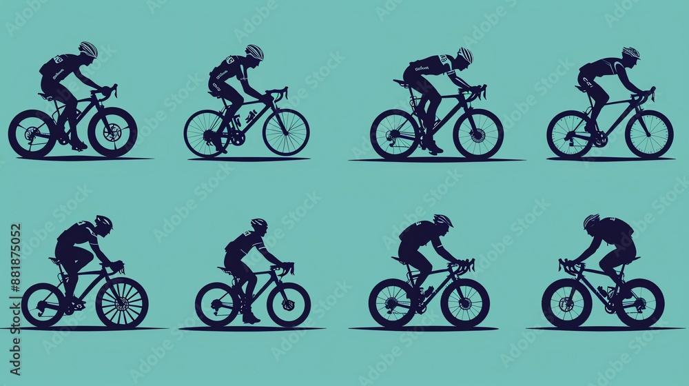 Obraz premium Six silhouettes of cyclists riding bicycles.