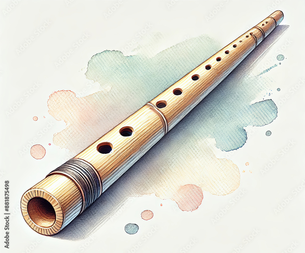 Naklejka premium Watercolor Illustration of a Traditional Wooden Flute.