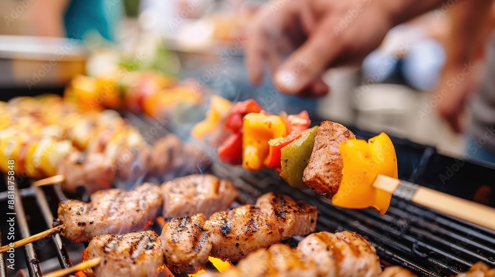 Naklejka premium A vibrant outdoor barbecue scene where someone is grilling mouth-watering kebabs and skewers, featuring juicy meat pieces and assorted colorful vegetables on a hot grill.