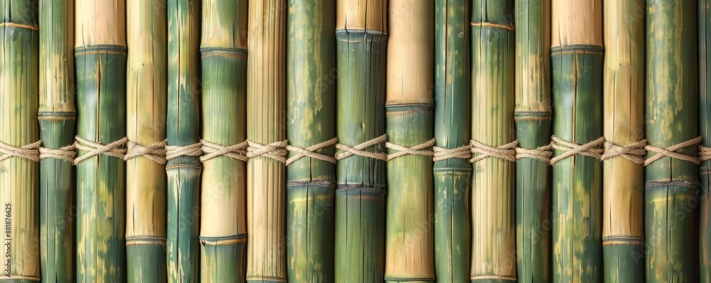 Close-up of a bamboo fence with natural colors, showcasing the texture and arrangement of the bamboo sticks tied together. Close-up of a bamboo fence with natural colors, showcasing the texture and arrangement of the bamboo sticks tied together.