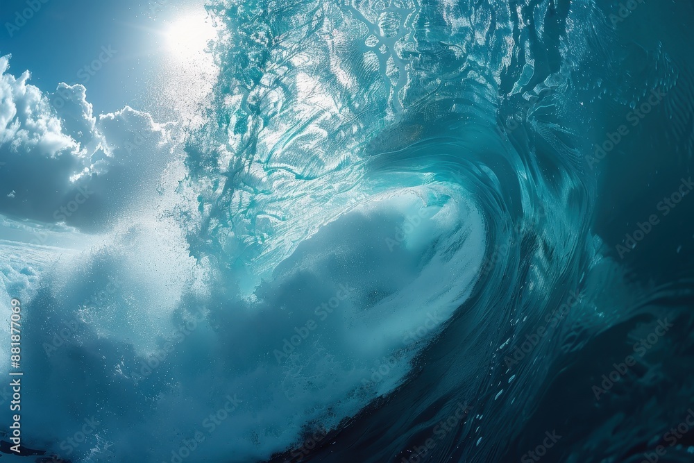 Fototapeta premium A surfer riding a large wave, with the sun shining brightly in the background. 