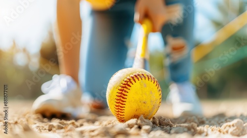 Individual getting ready to hit a baseball with a bat, crouching on a dirt field, showing focus, anticipation, and the spirit of the game. photo