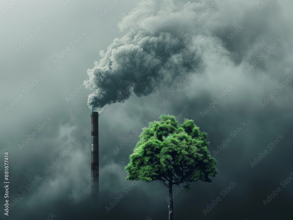 A green tree stands in stark contrast to an industrial smokestack emitting thick smoke, highlighting environmental issues. A green tree stands in stark contrast to an industrial smokestack emitting thick smoke, highlighting environmental issues.