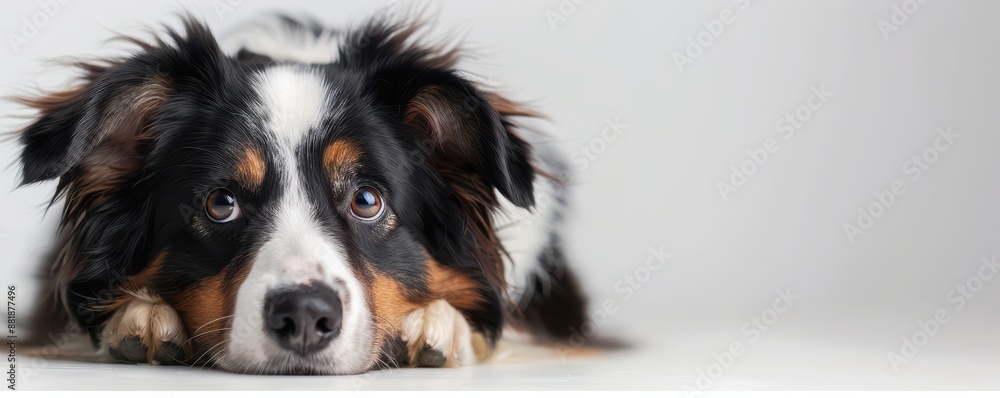 Australian Shepherd puppy lying down, looking curious. Free copy space for banner. Australian Shepherd puppy lying down, looking curious. Free copy space for banner.
