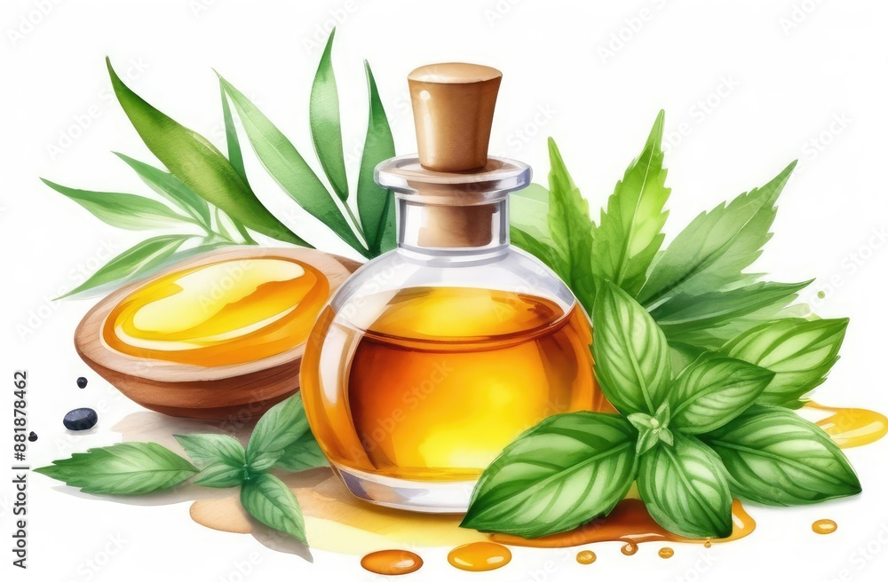 golden essence oil bottle with green leaves on white background, watercolor illustration golden essence oil bottle with green leaves on white background, watercolor illustration