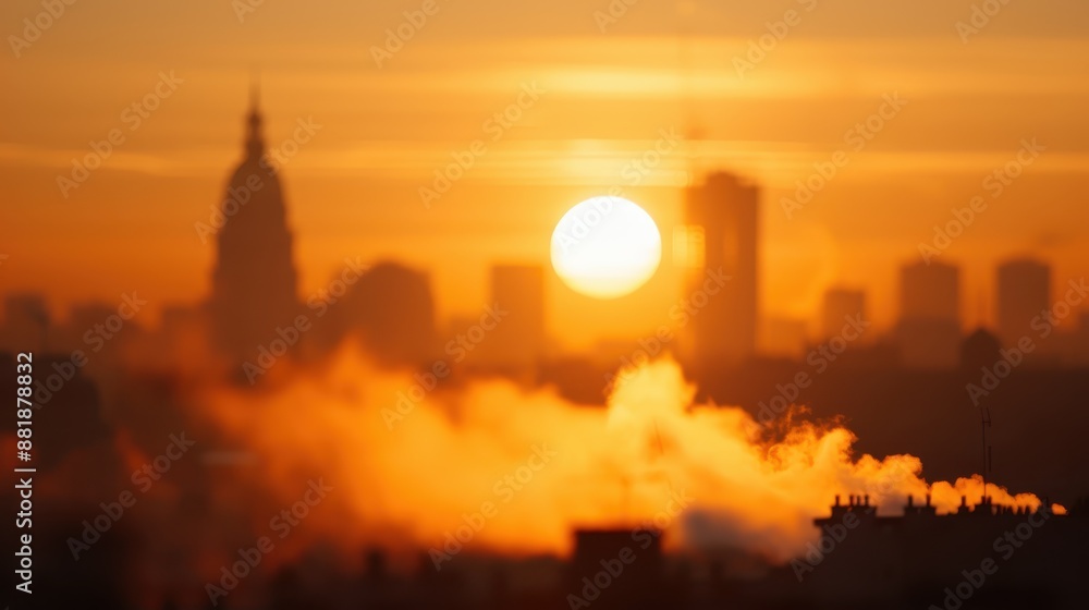 A stunning capture of the sun setting over a city's skyline, with a smoky ambiance, signifying the end of the day’s hustle and the onset of calm evening tones. A stunning capture of the sun setting over a city's skyline, with a smoky ambiance, signifying the end of the day’s hustle and the onset of calm evening tones.