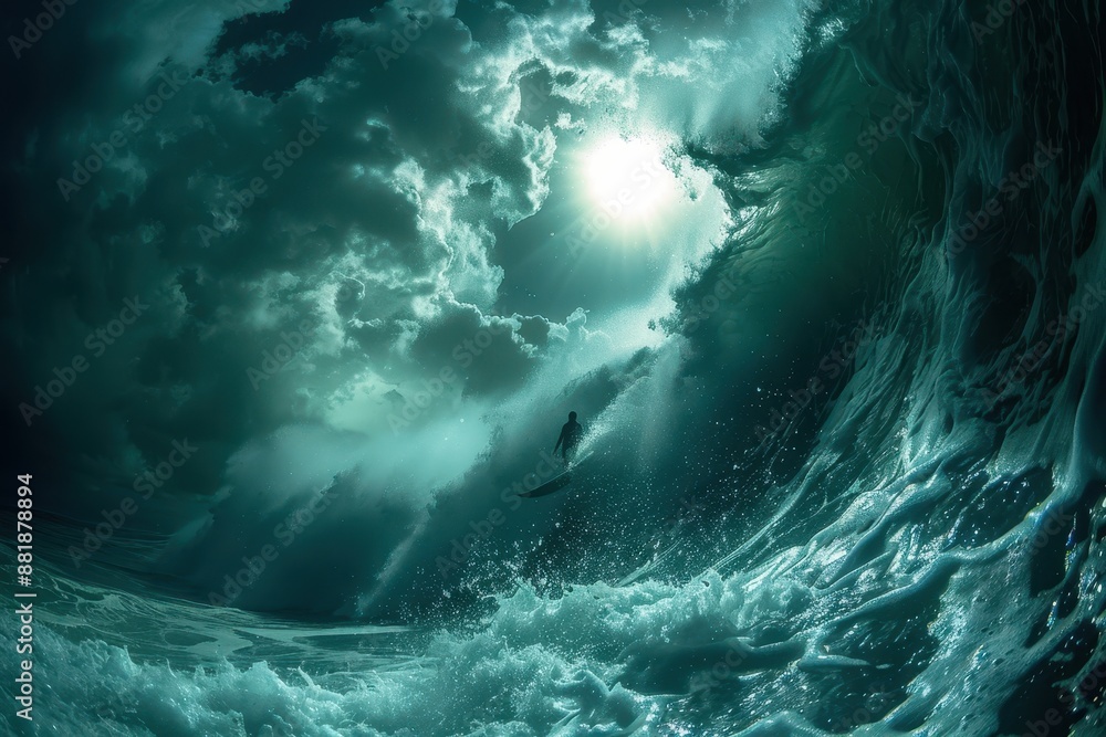 A surfer riding a large wave, with the sun shining brightly in the background. A surfer riding a large wave, with the sun shining brightly in the background.