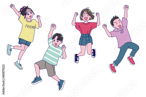元気にジャンプする小学生の男女