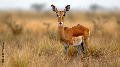 A serene image of a young antelope standing alone in a sunlit grassland, highlighting its solitude and the tranquil beauty of its natural environment, exuding calm and peace.