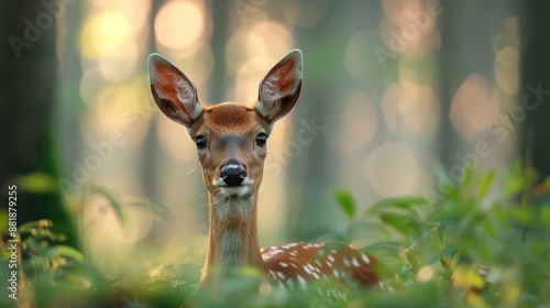 A young deer stands alert among lush green foliage in a dimly lit forest clearing, its ears perked up and eyes focused, capturing a moment of keen observation in nature.