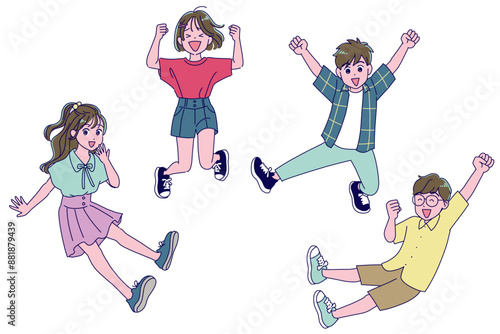 元気にジャンプする小学生の男女