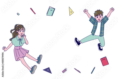 元気にジャンプする小学生の男女