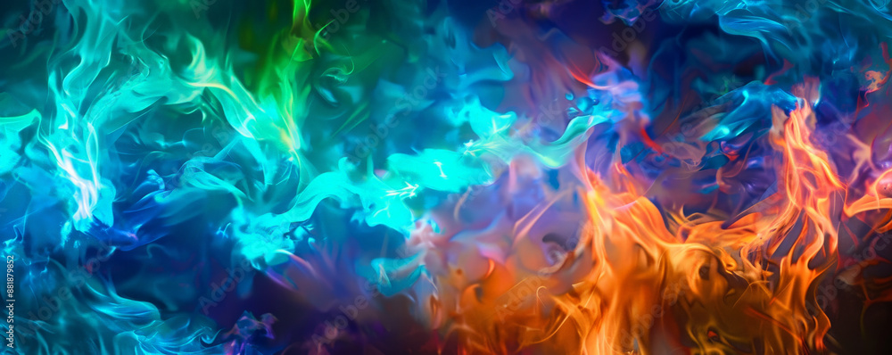 Fototapeta premium A fire background with flames of various colors, including blue and green, creating a unique and visually striking scene.