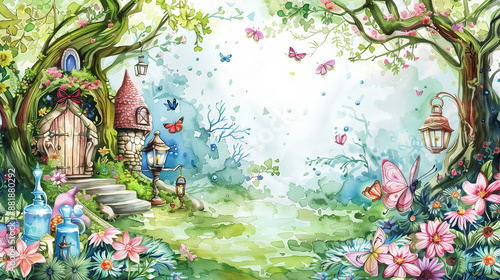 Watercolor enchanted garden with fairy houses, magical flowers, whimsical pathways, garden gnomes, butterflies, lanterns, enchanted trees, crystal balls, fairy wings, and hidden doors on a white backg
