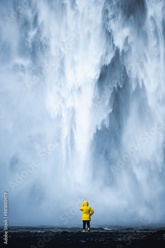 Stunning view of the Skógafoss Waterfall with a tourist wearing a yellow jacket. Skógafoss is one of the biggest waterfalls in Iceland, situated on the Skoga River in the south of Iceland.