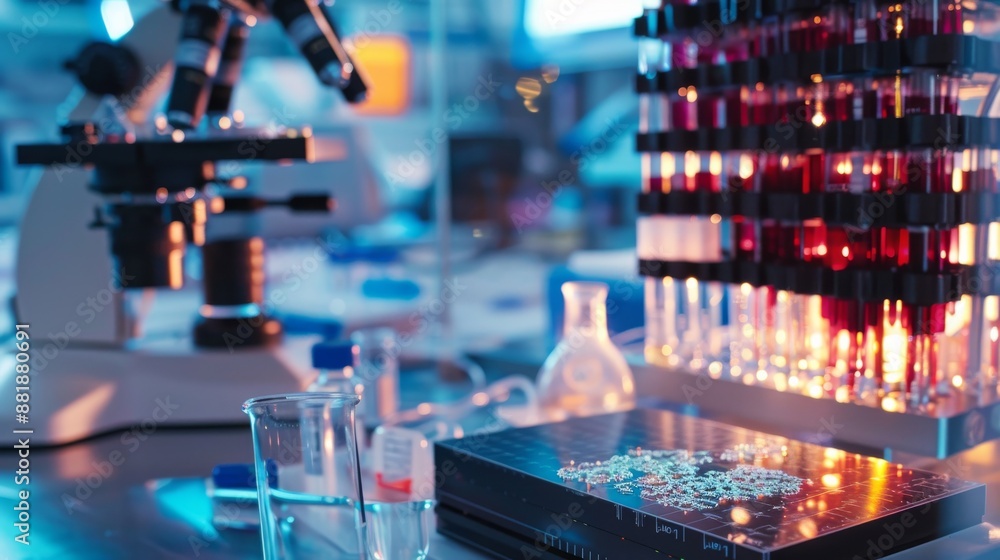Close-up of a Laboratory Setup with Test Tubes and a Microscope Close-up of a Laboratory Setup with Test Tubes and a Microscope