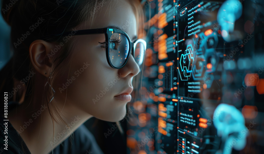 Woman glasses look screen data code blue orange. Generative AI Woman glasses look screen data code blue orange. Generative AI