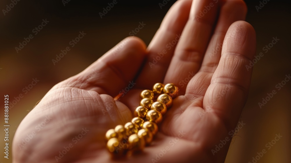 Fototapeta premium Close-up of prayer beads in a worshipper's hand, soft focus background, dimly lit mosque interior, profound sense of devotion, rich details