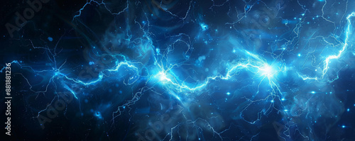 An intense energetic background with electric blue lightning bolts and glowing orbs radiating against a dark backdrop, creating a sense of power. © AI_images