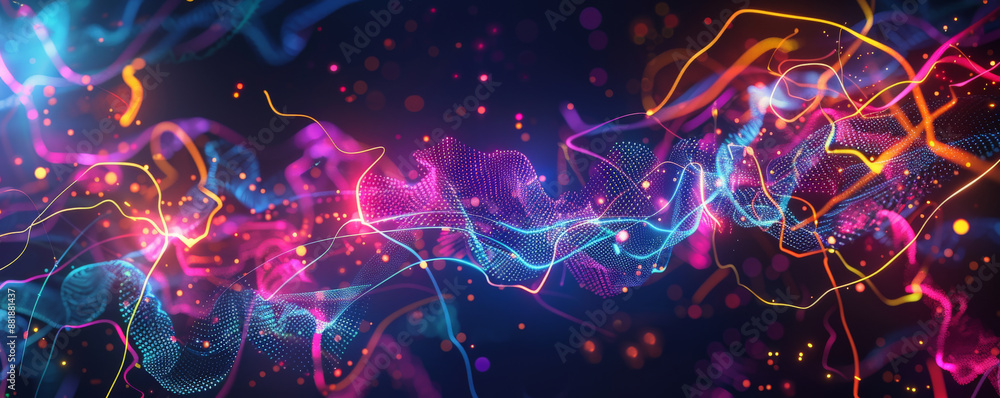 Fototapeta premium A vivid backdrop with an array of neon lights forming abstract shapes and lines, glowing brightly against a dark background.