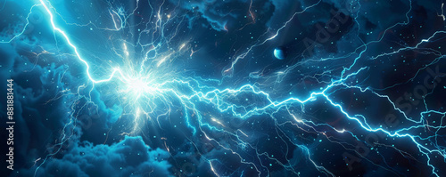 An intense energetic background with electric blue lightning bolts and glowing orbs radiating against a dark backdrop, creating a sense of power. photo