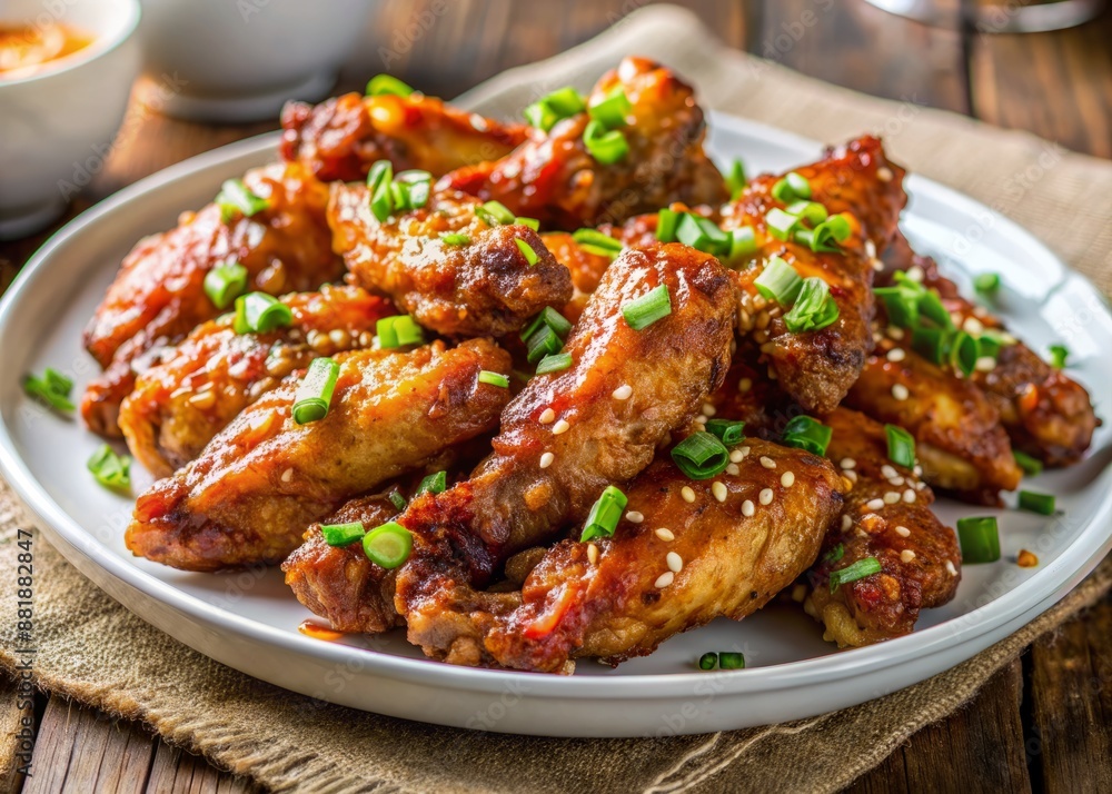 Crunchy Korean-style fried chicken wings smothered in savory sauce and garnished with vibrant green onions, served steaming hot on a white ceramic plate. Crunchy Korean-style fried chicken wings smothered in savory sauce and garnished with vibrant green onions, served steaming hot on a white ceramic plate.
