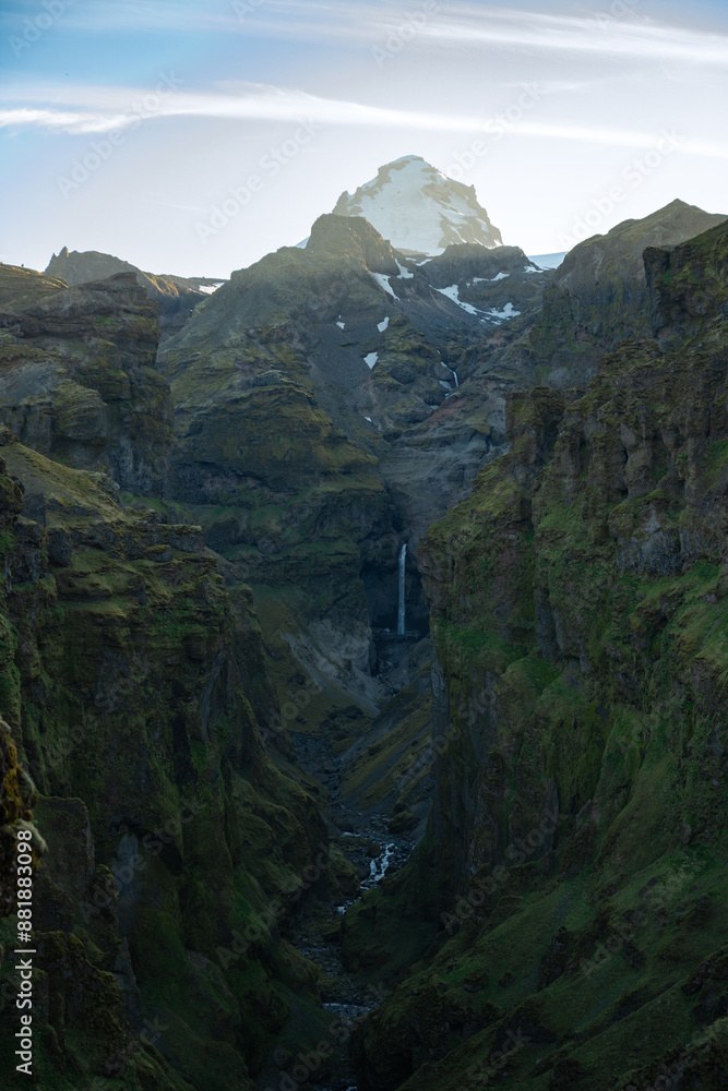 View from above, stunning aerial view of a dramatic landscape with a beautiful waterfall, Hangandifoss, Iceland.