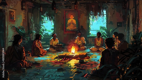 Group of people sit around a campfire in a rustic room engaging in discussion and reflection photo