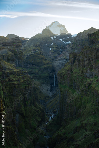 Obraz na płótnie View from above, stunning aerial view of a dramatic landscape with a beautiful waterfall, Hangandifoss, Iceland. w salonie