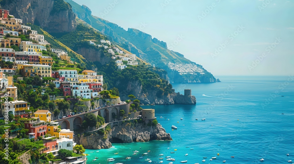 Fototapeta premium A picturesque view of the Amalfi Coast in Italy, capturing the colorful houses perched on the cliffs with the turquoise sea below, with ample copy space, no text,