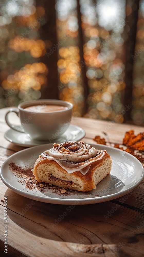 Cinnamon Roll And Coffee On Wooden Table In Autumn Cinnamon Roll And Coffee On Wooden Table In Autumn