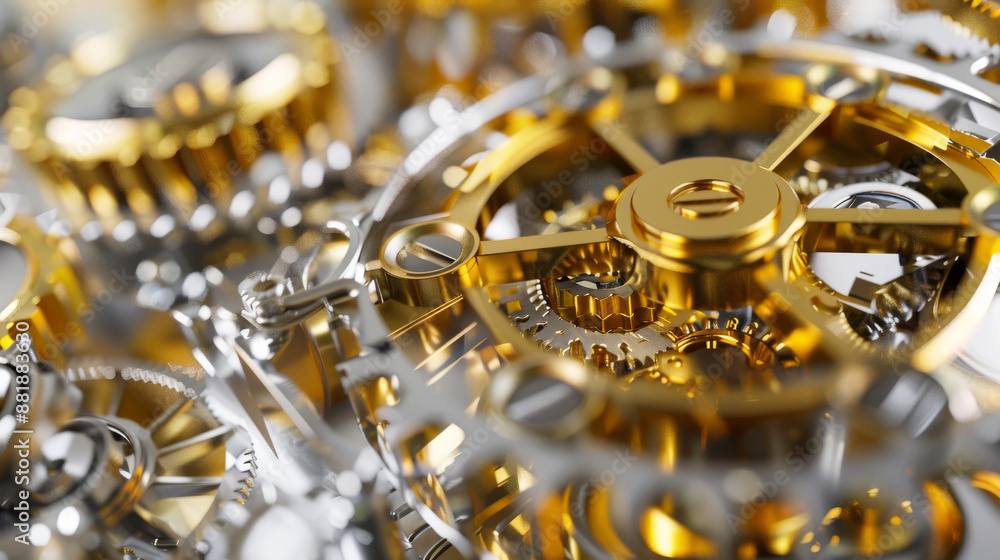 A complex array of interlocking golden and silver gears showcases intricate engineering and precision. A complex array of interlocking golden and silver gears showcases intricate engineering and precision.