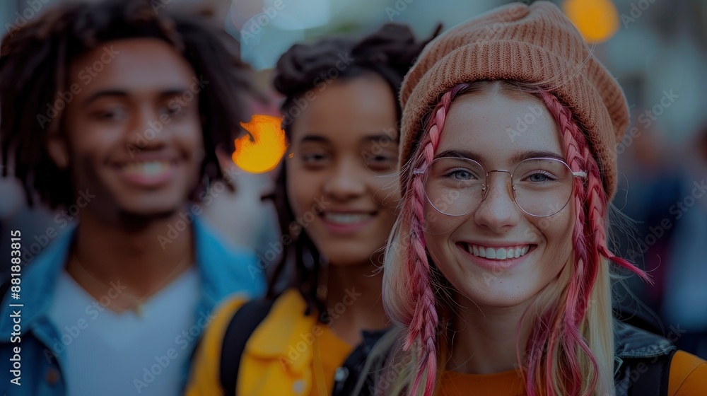 A cheerful, diverse group of Gen Z friends, filled with excitement, explores the vibrant Brick Lane A cheerful, diverse group of Gen Z friends, filled with excitement, explores the vibrant Brick Lane
