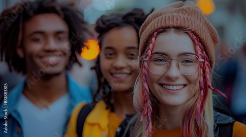 A cheerful, diverse group of Gen Z friends, filled with excitement, explores the vibrant Brick Lane